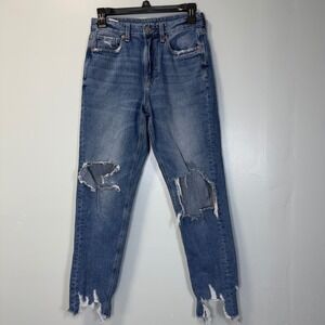 American Eagle Distressed Mom Jeans Medium Wash High Rise Shredded Hem‎ Size 2